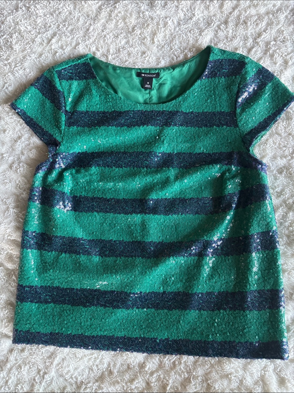 I Heart Ronson Green & Navy Sequin Striped Top